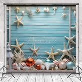 Aperturee Aperturee Coastal Christmas Photography Backdrop Beach Theme with Starfish and Ornaments Blue Wood Wall Holiday Photo Prop